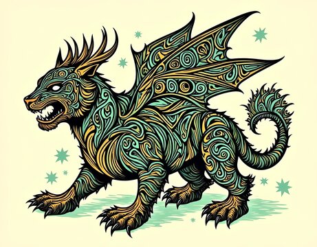Stylized dragon chimera illustration with intricate tribal swirl patterns, mythical creature with wings and claws in green and gold