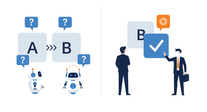 Business professional choosing between different AI robot options to improve overall office productivity and workflow efficiency