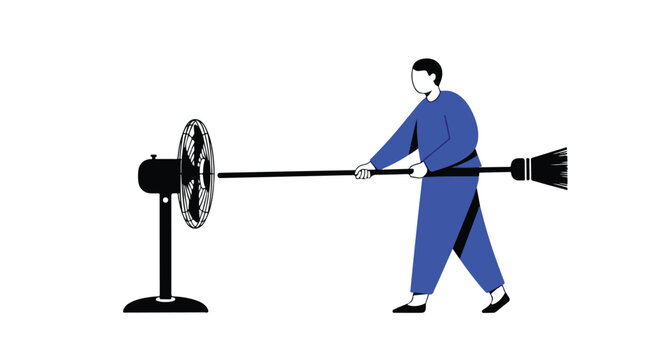 Man in blue tries to clean a spinning fan with a broom, depicting futile effort