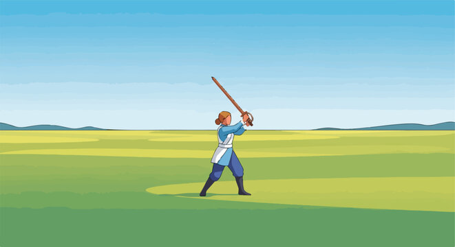 Figure in ancient garb with sword raised high in a sunlit, expansive green field