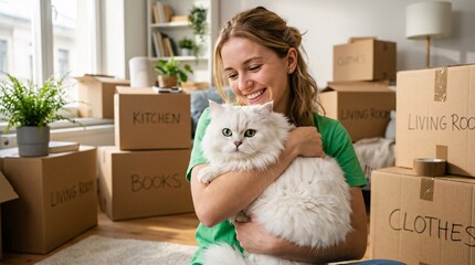 Fototapeta premium Happy young woman wearing a bright casual green t-shirt lovingly hugs a large fluffy white Persian cat inside a sunlit apartment full of boxes.