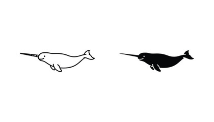 Narwhal whale vector icon set featuring outline and solid black silhouette for marine life and Arctic wildlife themes © Alex
