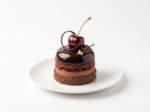 Elegant Chocolate Mousse Cake with Single Cherry and Chocolate Curl