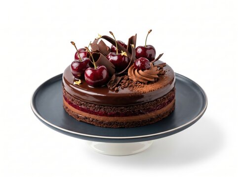 Grand Chocolate Layer Cake with Fresh Cherries and Cocoa Dust on Black Plate