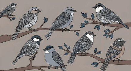 Hand-Drawn Stylized Birds on Tree Branches Illustration with Intricate Zentangle Patterns and Muted Earthy Tones for Decorative Wall Art and Textile Design © Ariel Vectzy