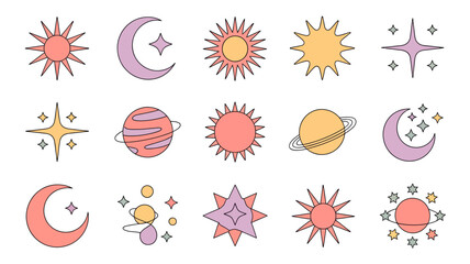 Celestial objects collection colorful suns moons and planets illustration on a white background high quality professional © Ultimate