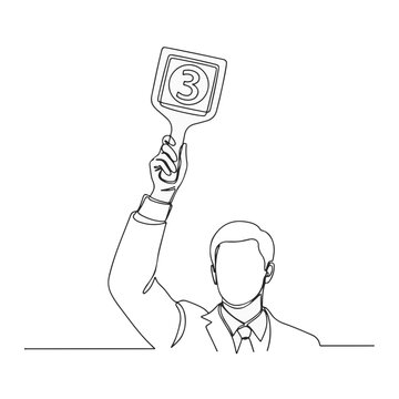 Man holding auction paddle with number three continuous one line drawing. Bidder participant concept minimalist vector illustration