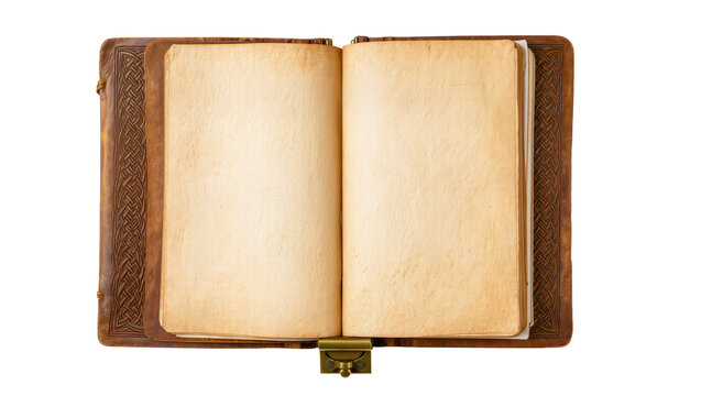 Antique leather-bound book with aged parchment pages, isolated on transparent background