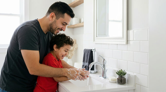 Smiling father helping his young son wash hands with soap at a bathroom sink. Happy dad and child practicing daily hygiene routine at home. Father's Day concept