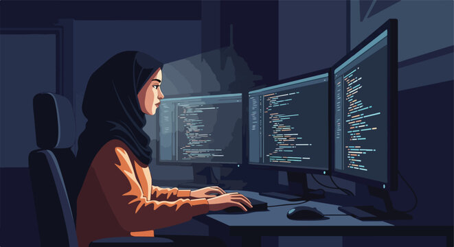 A woman in a hijab coding at night on three computer monitors displaying lines of code