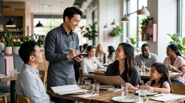 Smiling Asian male waiter taking an order from a family in a restaurant. Friendly server with a notepad talking to happy parents and daughter at a dining table. Hospitality and customer service