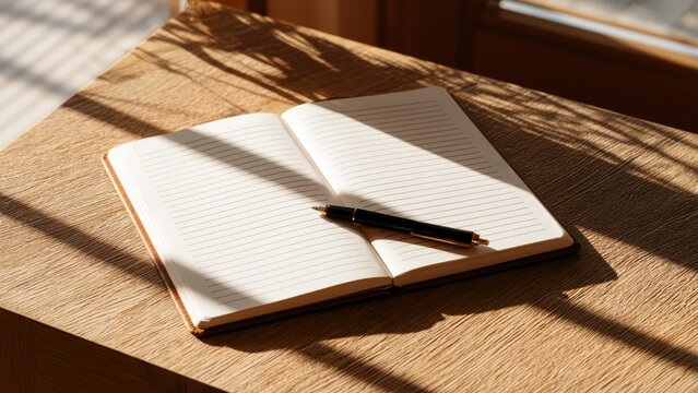 Serene morning light bathes an open notebook and pen on a textured wooden desk, perfect for writing