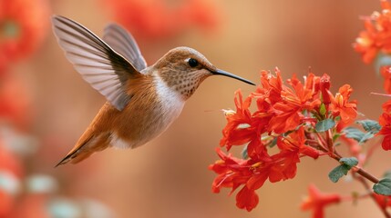 Fototapeta premium Vibrant hummingbird gracefully hovers in mid air, poised to collect nectar from brilliant red orange blossoms