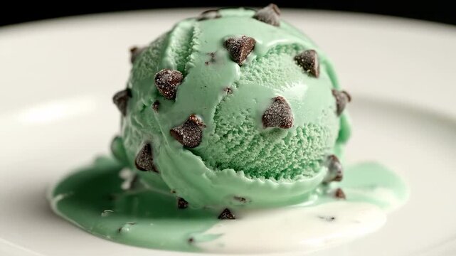 This shows a melting scoop of mint chocolate chip ice cream on a white plate in a dark room with a black background. The creamy texture and melting puddle evoke a sense of indulgence and pleasure.