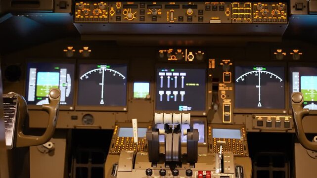 Modern commercial aircraft digital cockpit with illuminated flight displays.