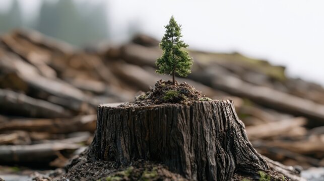 Small green pine tree sapling growing from a large dark brown wooden tree stump in a forest clearing with a blurred background of cut logs in a conceptual environmental photography shot