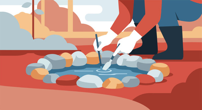 Gardener with gloves tends a serene rock pond using a tool in a minimalist style