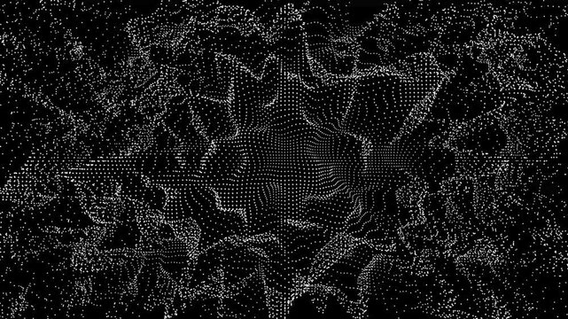 Dynamic digital particle mesh and flowing 3D white dots loop animation on a dark background