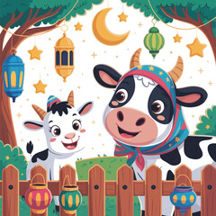 Naklejka premium Cute cartoon cow and goat with festive lanterns and crescent moon during Eid celebration vector illustration
