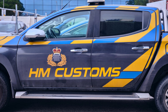 Hm Customs Car At Gibraltar Border, Uk Customs Vehicle For Border Control And Security Operations