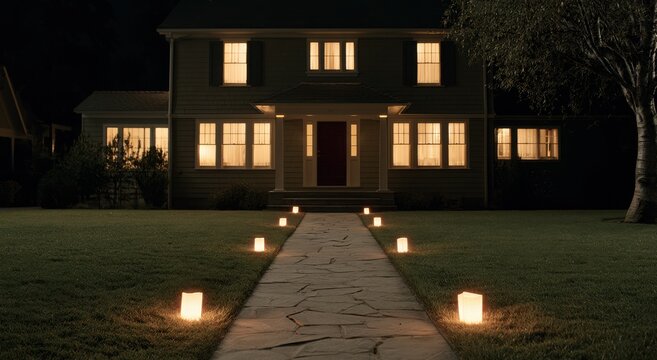 Residential house exterior at night with glowing paper luminaria bags lining the stone walkway leading to the front entrance of a traditional suburban home