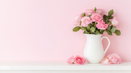 Fototapeta premium white table surface against a soft pink background, white jug with a handle contains a bunch of pink roses, copy space, lifestyle