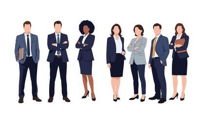 Fototapeta premium Diverse team of professional business men and women standing together in suits, representing a successful corporate workforce.