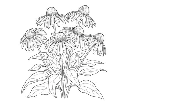 Detailed black and white line art illustration of a bunch of echinacea flowers, showing the intricate petals and conical centers.