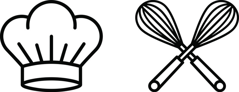 Culinary chef hat and crossed whisks icon set professional cooking and baking tools for restaurant kitchen and gastronomy concepts clean line art graphics for food service and recipe design