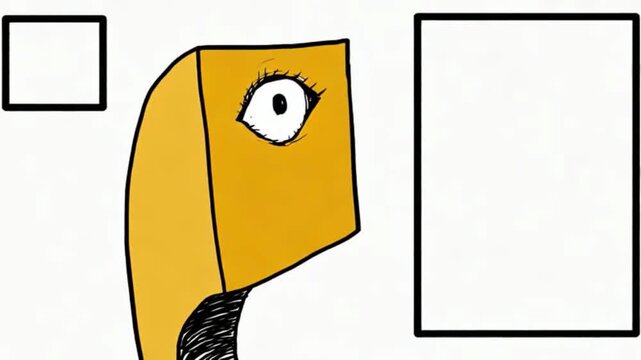 A cartoonish one-eyed geometric creature periodically blinks its eye, looking somewhere.