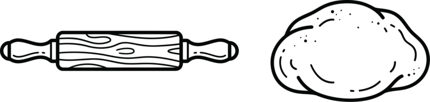 Minimalist black and white vector illustration of a wooden rolling pin next to a lump of dough perfect for baking cooking and culinary themes representing preparation and homemade food creation