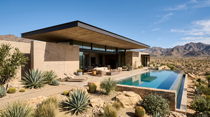 Fototapeta premium Premium Hyper Realistic Architectural Visualization Of A Luxury Desert Villa Featuring Sand Colored Smooth Concrete Walls And A Large Private Turquoise Infinity Pool