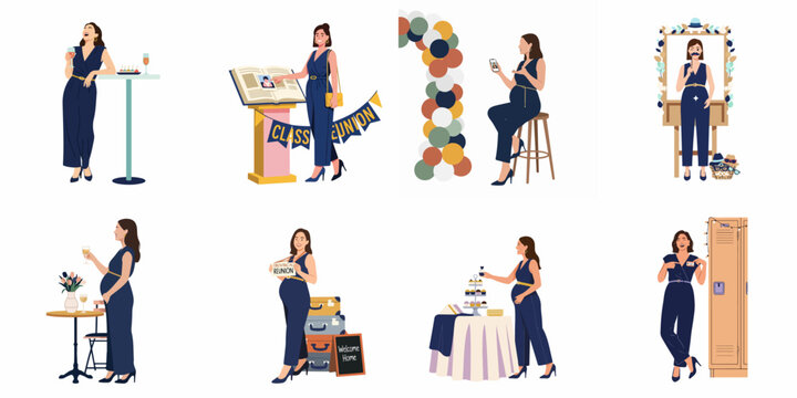 Set of Illustrations Showing a Pregnant Woman Celebrating at a Class Reunion Event with Various Social Activities and Decorations.