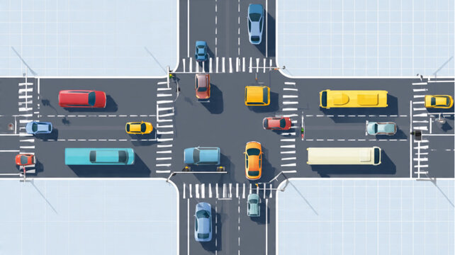 Vehicles on a city road intersection.
