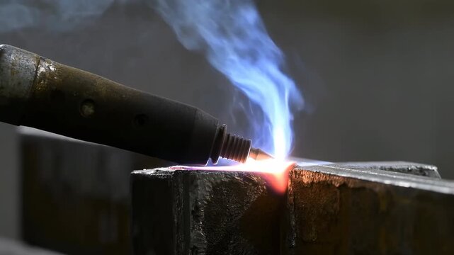 Blue Plasma Torch Melts Steel. Bright Blue Plasma Arc Creates Sparks During Steel Cutting Process