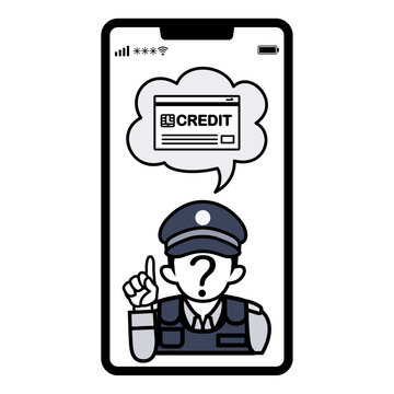 スマートフォンに映るクレジットカードを要求する偽警官　特殊詐欺コンセプトアート