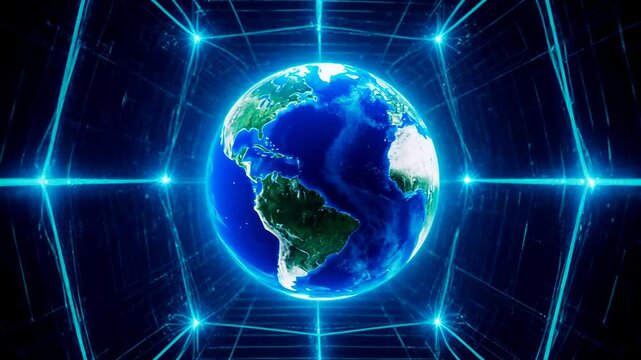 Digital 3D Earth globe rotating inside a glowing blue hexagonal grid tunnel. Global network and data connectivity concept. Futuristic cyberspace animation