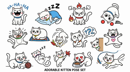 Fototapeta premium Cute doodle cat vector set with funny kitten characters in playful poses and hand drawn outline style