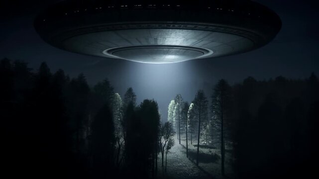 Unexplained Extraterrestrial Vehicle Hovers Above Shadowed Forest Clearing With Luminous Beam Lighting Up Mist