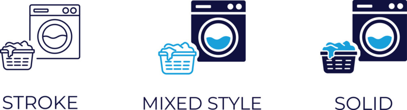 Washing machine and hamper icons.  Editable vector stroke, outline, and solid icon.