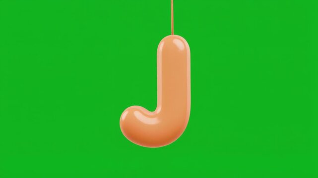 3D Soft Orange Cartoon Letter J Animation Hanging and Swinging on Green Screen Background Playful Inflatable Alphabet Character for Kids Education