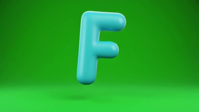 3D Cyan Blue Cartoon Letter F Animation Floating Gently on Green Screen Background Playful Inflatable Alphabet Character for Kids Education