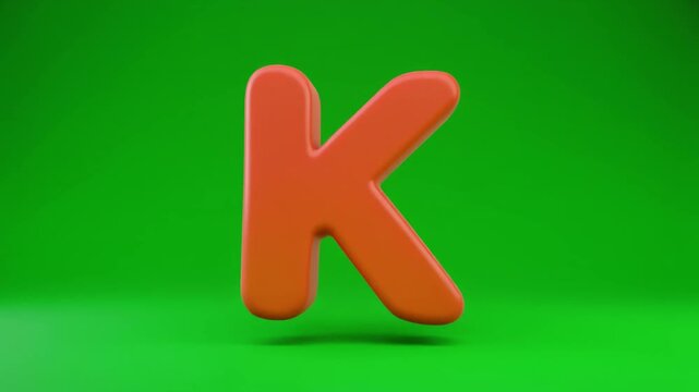 3D Red Orange Cartoon Letter K Animation Bouncing and Tilting on Green Screen Background Playful Inflatable Alphabet Character for Kids Education