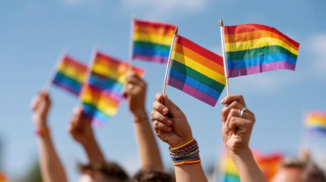 People holding rainbow flags in a summer sky during a pride event