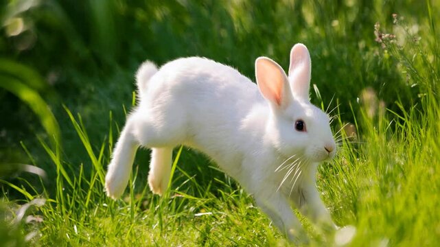 White rabbit hopping through tall green grass in a meadow. Active bunny running in a sunlit garden. Nature and wildlife activity in a lush environment