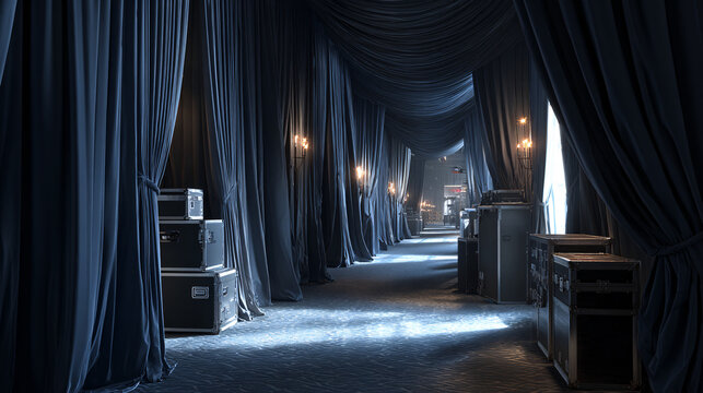 dark executive backstage corridor, premium stage-access area. 