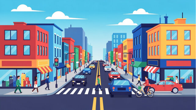 City Street with Cars and Buildings.