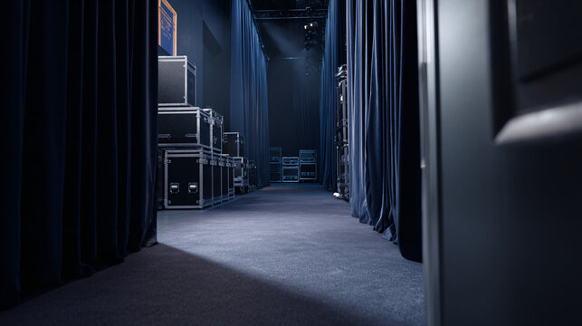 dark executive backstage corridor, premium stage-access area. 