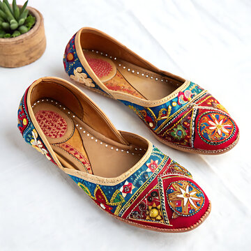 Pair of embroidered jutti shoes, colorful Indian footwear, white background, realistic detail