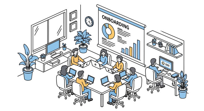 Isometric Office Onboarding Session and Team Training Illustration